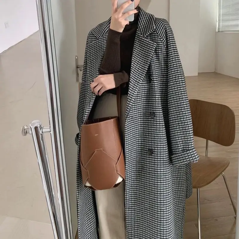 Gingham Wollen Jas Vrouwen Herfst Winter 2023 Nieuwe Mode Lange Mouw Losse Jas Vintage Kant Omhoog Turn Down Kraag Jack