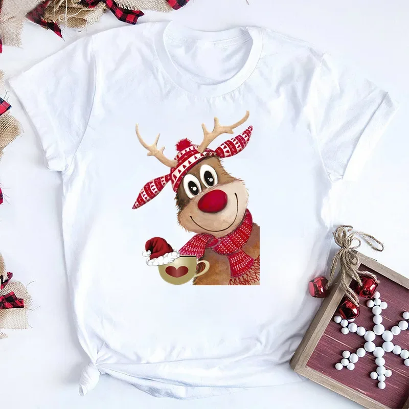 

New Tshirts Merry Christmas Tree Print Red Top Femal New Clothing 90s Girls Lucky Deer T-Shirts Aesthetic Clothes