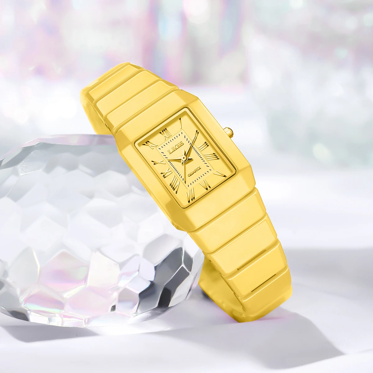 LIGE ゴールデンウーマンウォッチゴールデンフルセラミッククォーツ腕時計ローマ数字ダイヤルファッション腕時計女性用モントレファム