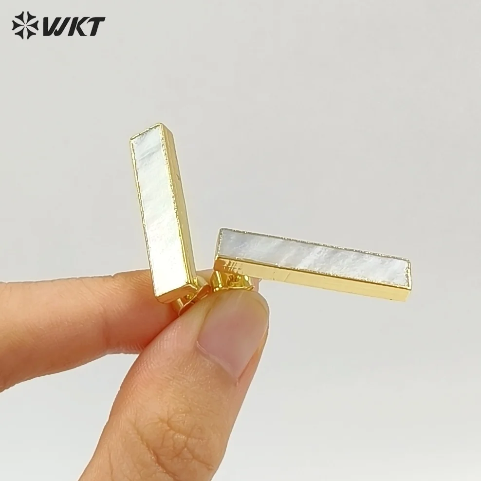 WT-E333 Wholesale Custom Natural White Shell Long Bar Earrings WIth Gold Trim Elegant For Woman Jewelry