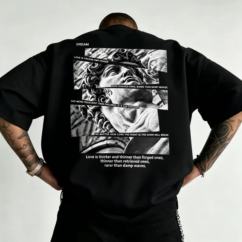 Men's T-shirt Featuring A Collage of Broken Plaster Statues on The Back, Printed on The Body, Unisex Fashion Short-sleeved T-shi