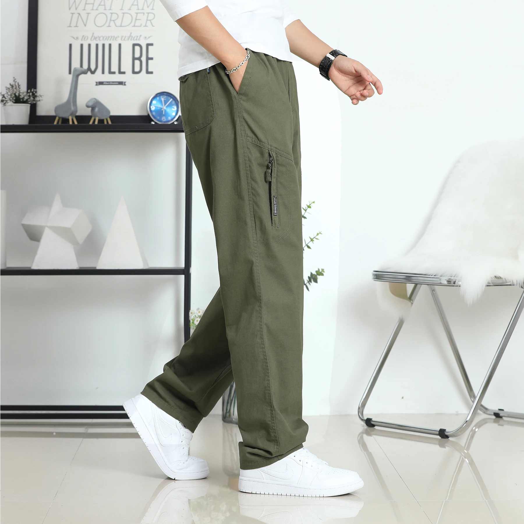 Men's Casual Cotton All-In-One Straight Leg Overalls With Hidden Pockets Multi-Functional Sports Jogging Pants