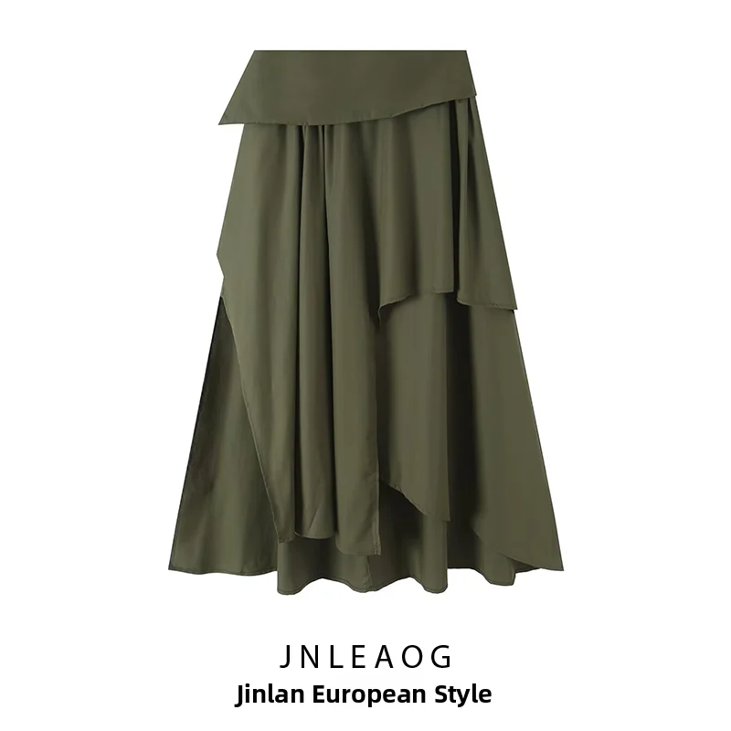 JNLEAOG Autumn New Women's Fashion Loose Comfortable Versatile Asymmetrical Half Skirt Polyester Fiber mid Waist Vintage