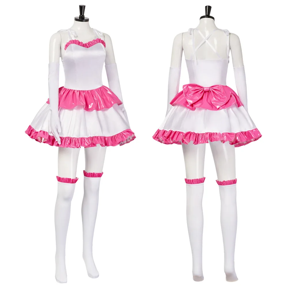 Perfect Blue Mima Cosplay Costume Pink Strapless Tube Dress with Bow with Thigh-High Stockings and Gloves Halloween Fancy