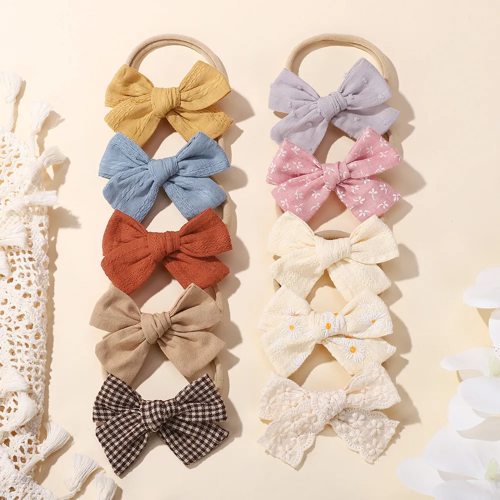 

10 шт./компл., 3,38 дюйма, резинки для волос с бантом и вышивкой для маленьких девочек, эластичная нейлоновая повязка на голову разных цветов, аксессуары для детских волос