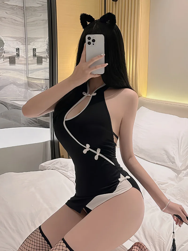 2024 Nuovo Collare Del Basamento Sexy Appeso Al Collo Scava Fuori Backless Cheongsam delle Donne Cinching Vita Wrap Hip Abito Corto WG4B