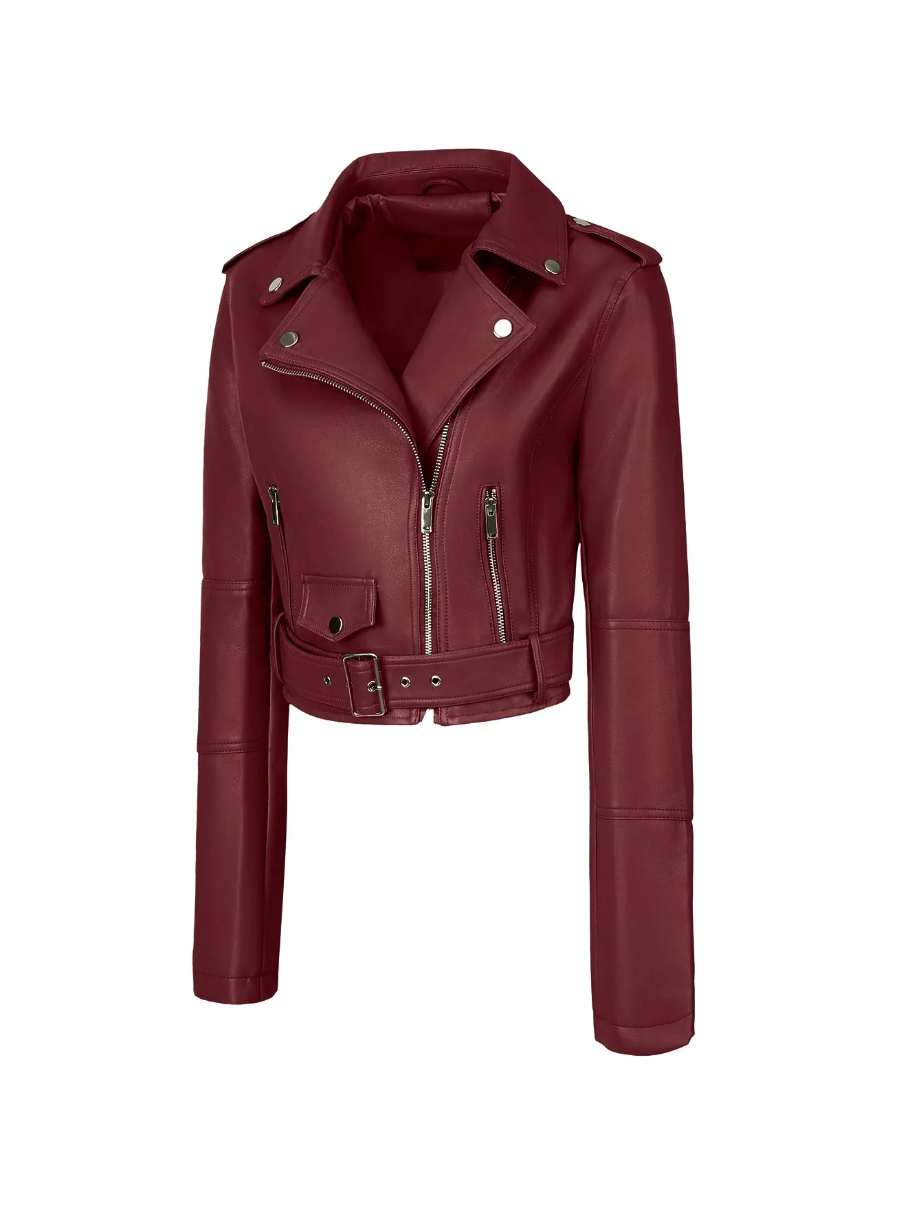 เสื้อแจ็คเก็ตหนัง PU สำหรับผู้หญิง ปรับสายได้ ดีไซน์ทรงนักขี่มอเตอร์ไซค์ พร้อมตะเข็บหลังแบบ Princess Seam และตกแต่งด้วยหมุดสีเงิน เหมาะสำหรับฤดูใบไม้ผลิ ฤดูใบไม้ร่วง และฤดูหนาว