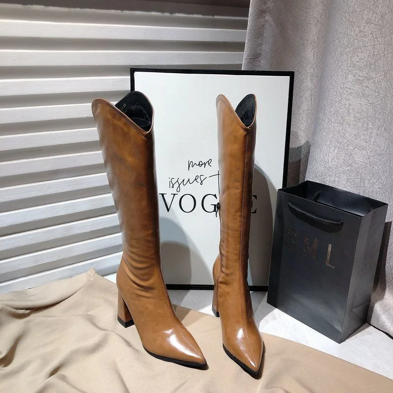 2025 Women Knee High Boots Autumn Winter Pointed Toe Thick Heel Knight Boots Botas Mujer Fashion V-Notch High Heels Long Botas