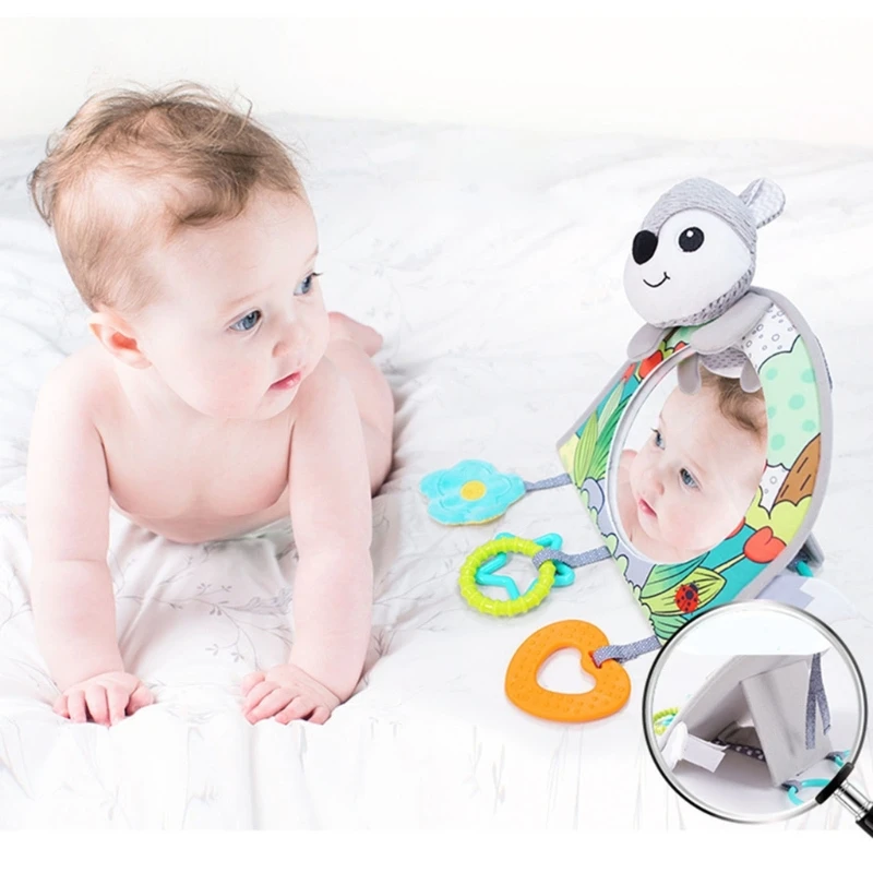 Baby Car Toy Travel Activity Tummy-Time Mirror Plush Rattle Toy with Stuffed Animal Infant Road Trip Rattle Child Mirror