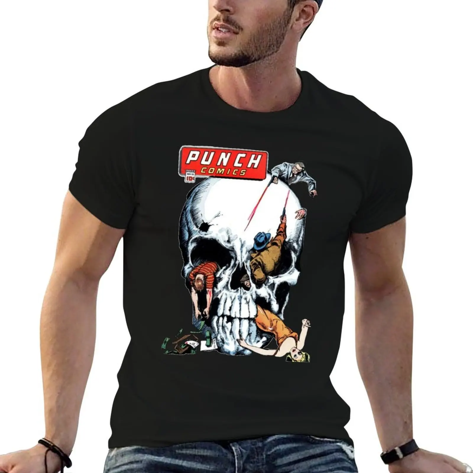 Vintage Punch Comics Cover with Skull T-Shirt quick drying summer 2026 black t shirts for men