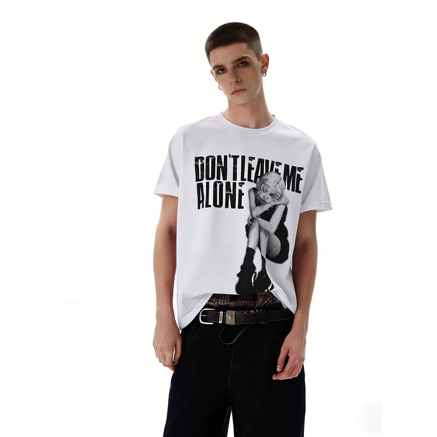 Dont Leave Me Alone Girl Graphic Print Oversized Short Sleeve T Shirt Y2K Retro Dark Casual Loose Streetwear Hip Hop Basic Tops