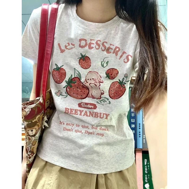 Y2k Aesthetic Summer New Cartoon Strawberry T-shirts Harajuku Short Sleeve Loose OCasual Tops Women O Neck All Match Casual Tees