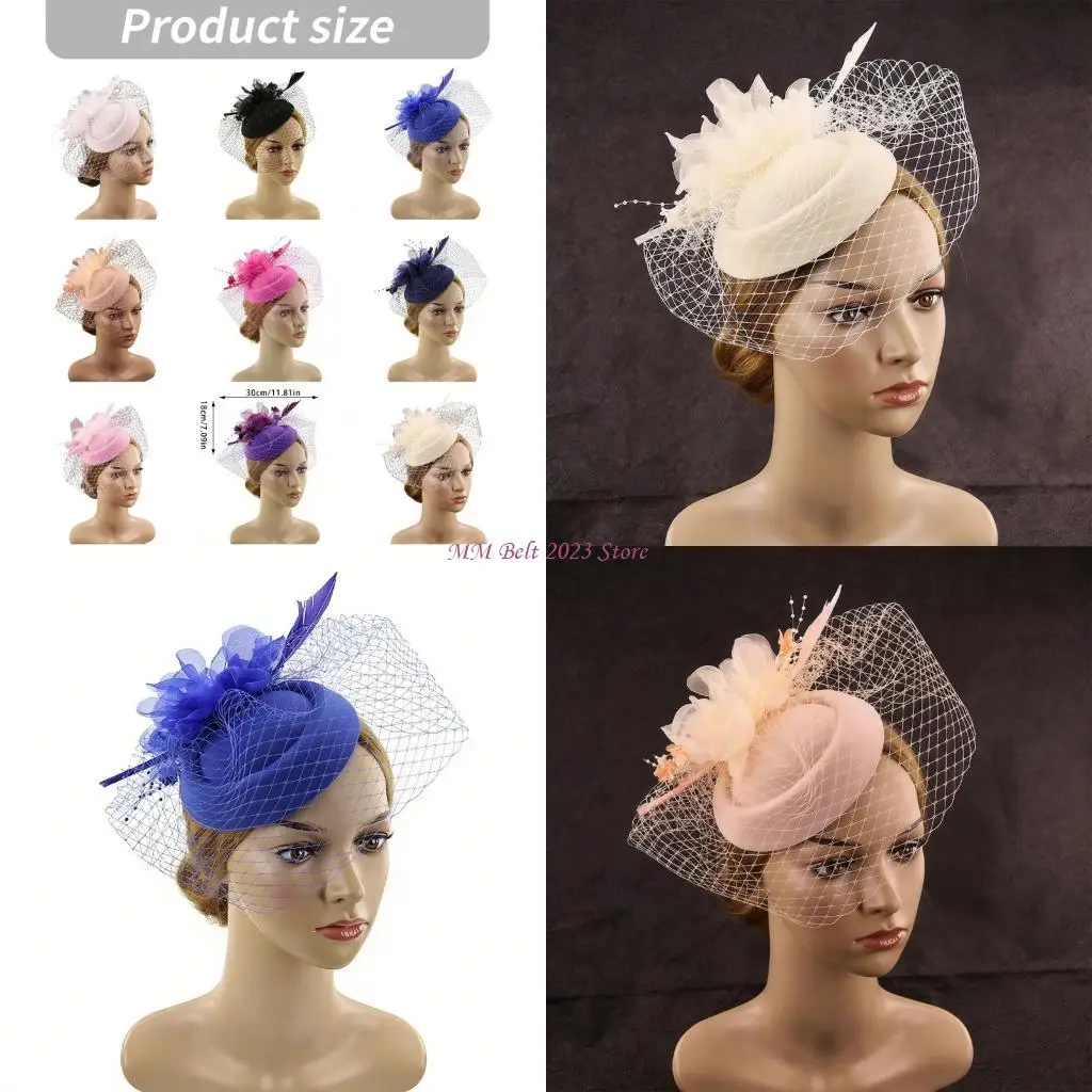 49ME Antique Feathered Fascinator Hat Flower Derby Hat for Female Cocktail Tea Party