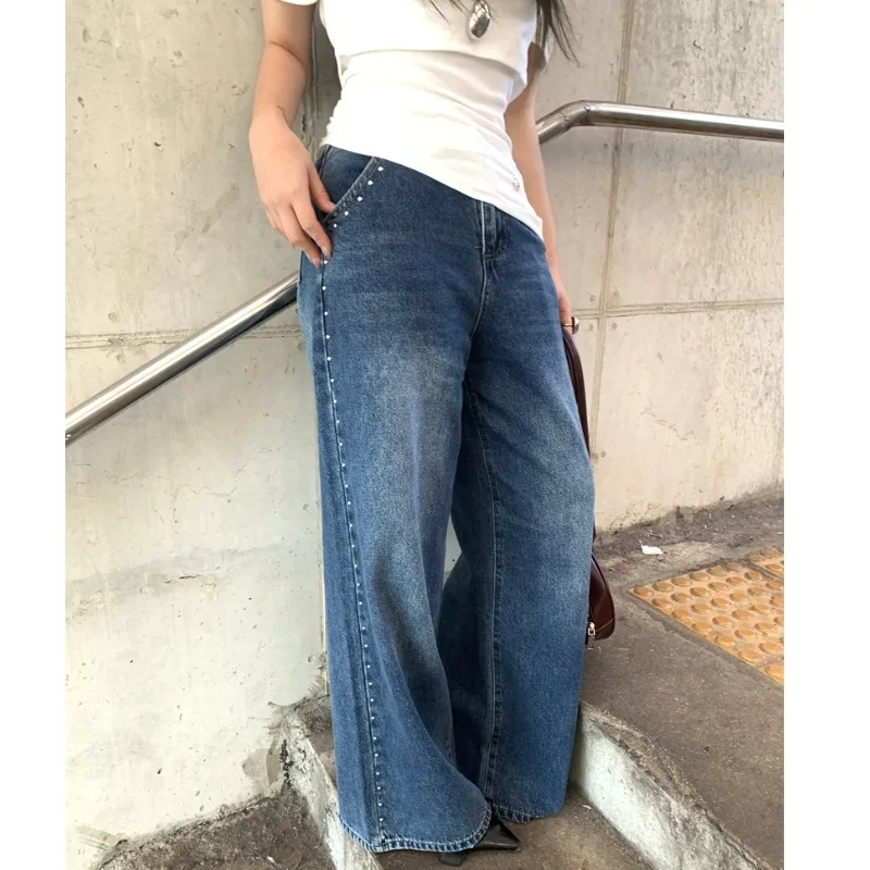 High Waist Straight Leg Jeans Rivet Trim Casual Style High Cotton Content Four Seasons Suitable for plus Size Women