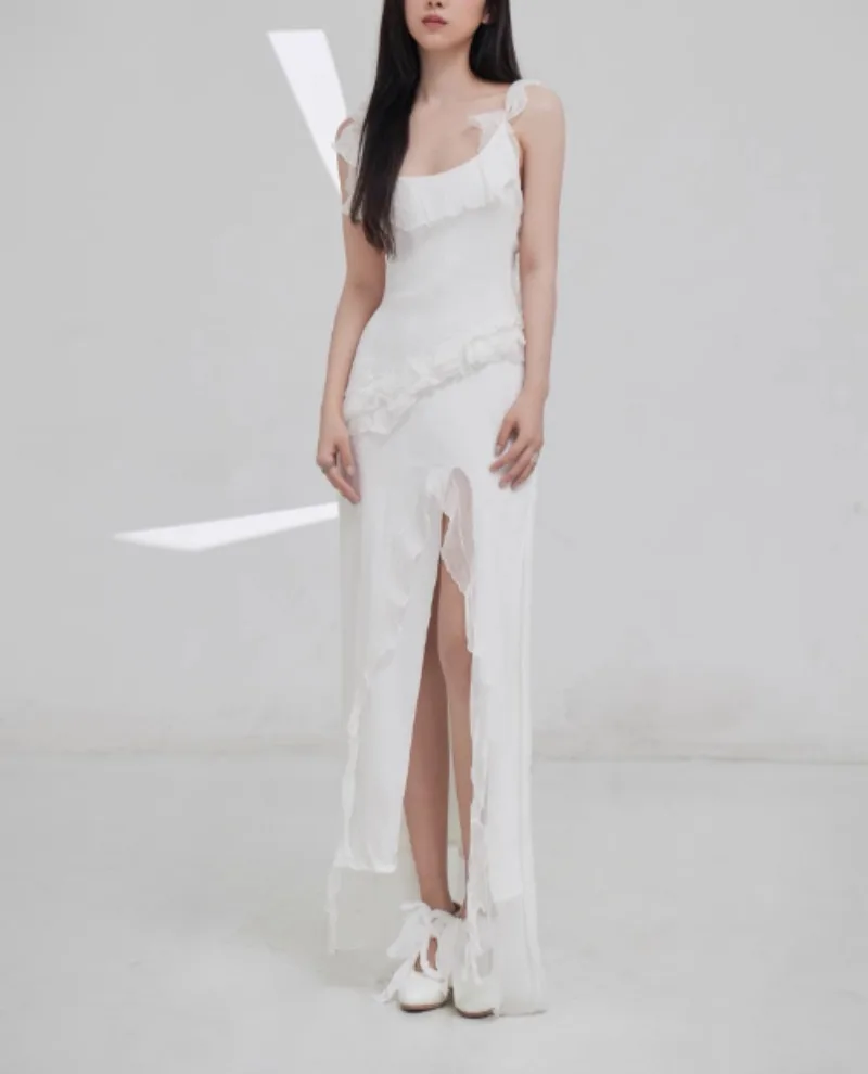 

White Split Backless Dress Women Sleeveless Summer Holiday Party Clothing Lady O-neck Streetwear Chic Vestidos Bodycon Ruffles