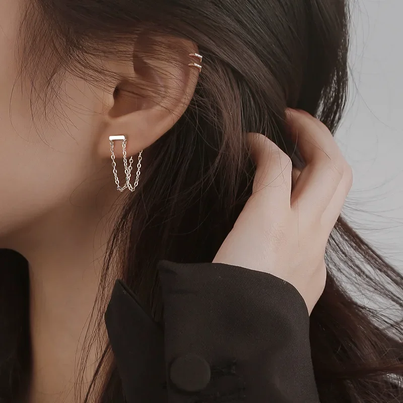 

Real 925 Sterling Silver Chain Geometric Stud Earrings for Women Minimalist Trendy Fine Jewelry Personality Accessories