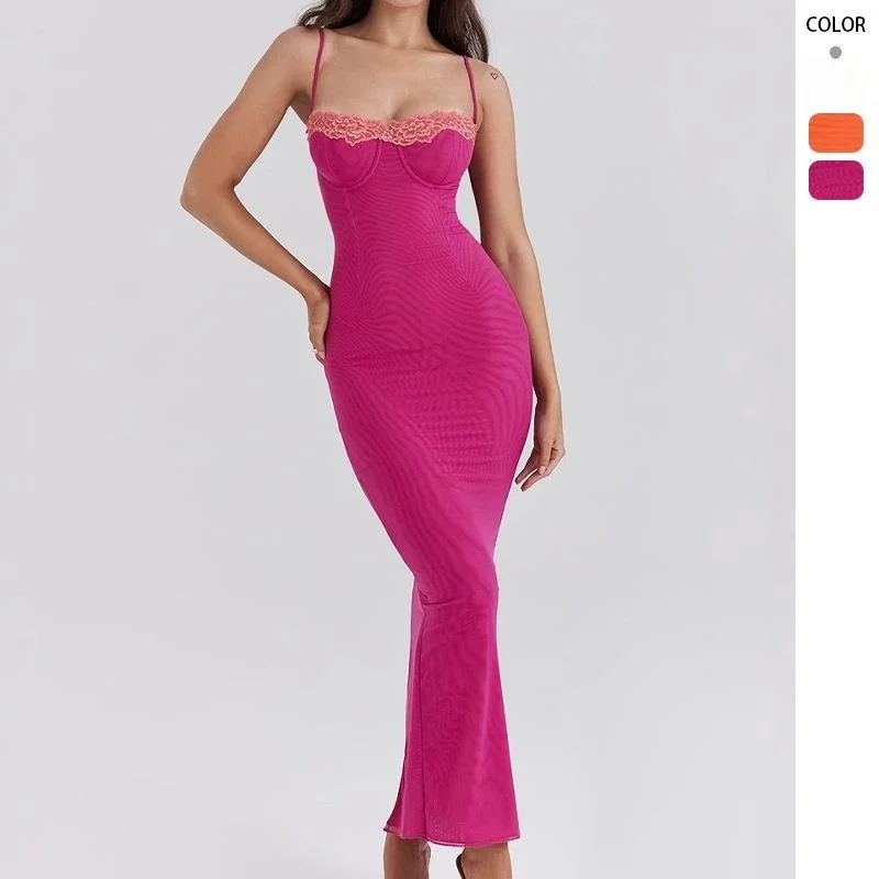

Women's Lace Strapless Long Skirt with Suspender High Waist No Sleeve One Step Dress European Style Business Suit Polyester
