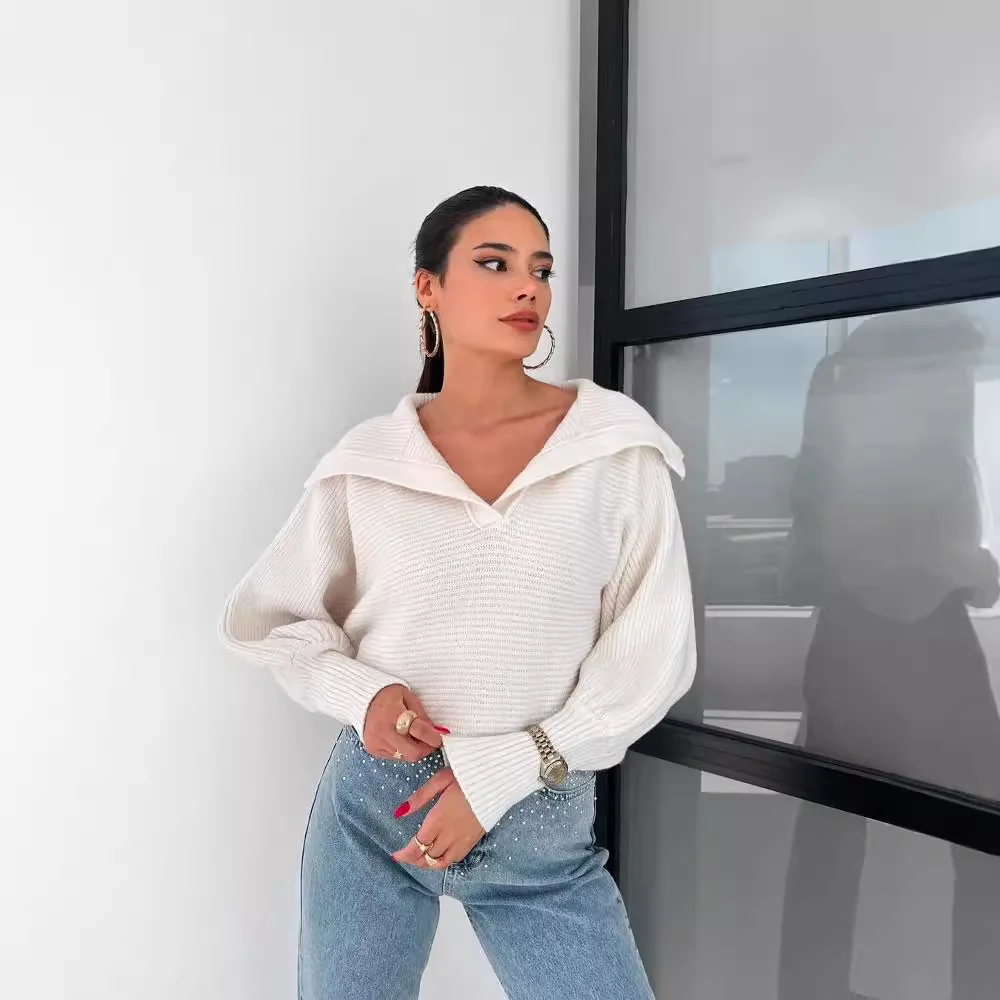 Sweter bez wysiłku, oversize, luźny sweter z bufiastymi rękawami, krótki, gruby sweter w prążki, modny i wygodny sweter damski.