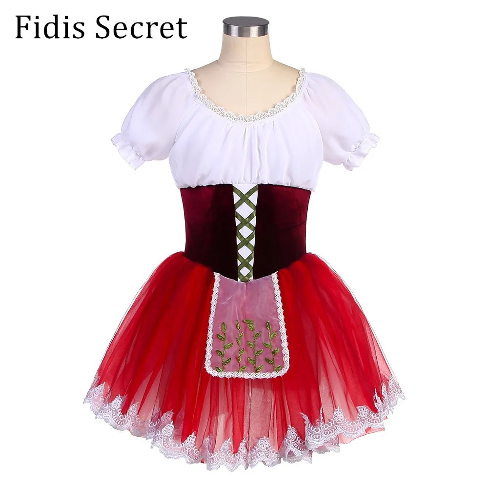 

Red Peasant Short Skirt Stage Wear,Girls Napoli Romantic Ballet Tutu Costumes,Ballerina Dance Performance Puff Sleeves Dress