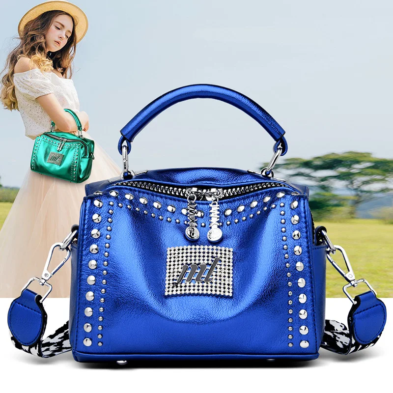 Fashion Rivet Small Handbag Wide Shoulder Strap Shoulder Bags for Women Brand Leather Crossbody Bag Cute Purses and Handbags