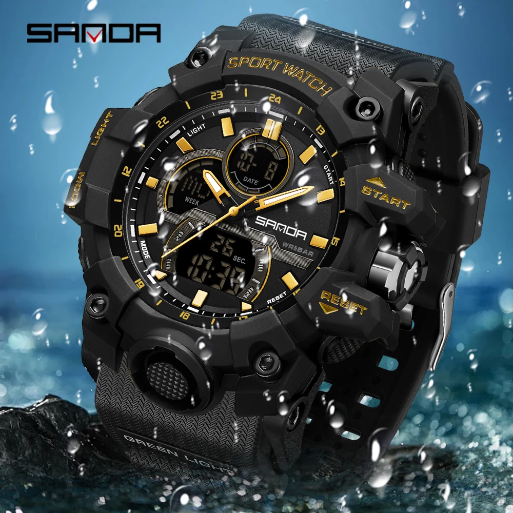 SANDA 6198 Fashionable Cool Night Light Dual Screen Multi functional Outdoor Sports Waterproof Men\'s Electronic Watch 2024