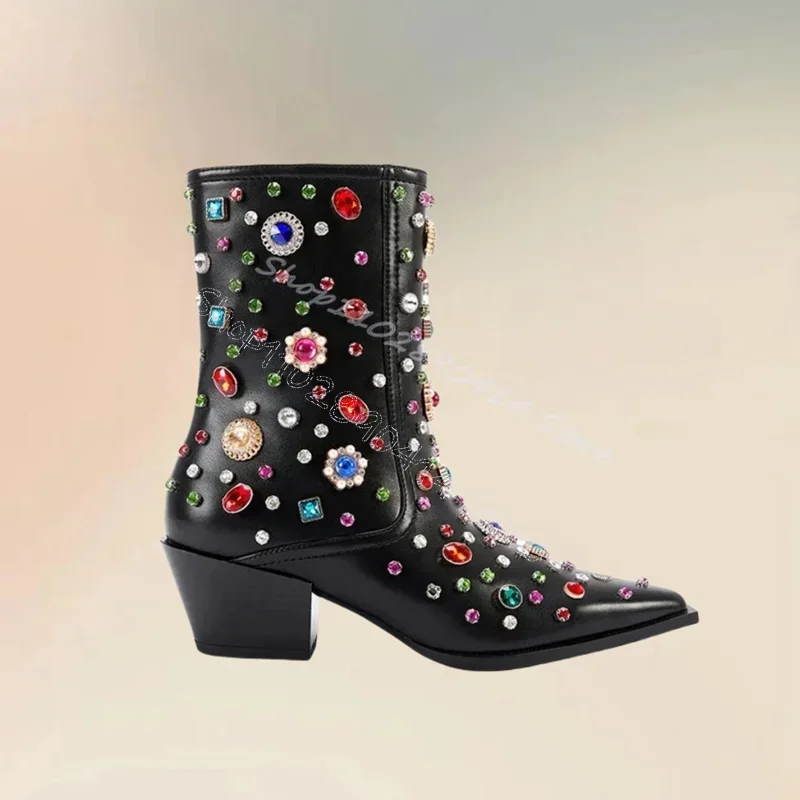 

Colorful Crystal Decor Black Pointed Toe Boots Side Zipper Women Shoes Chunky High Heels Party Banquet 2024 Zapatos Para Mujere