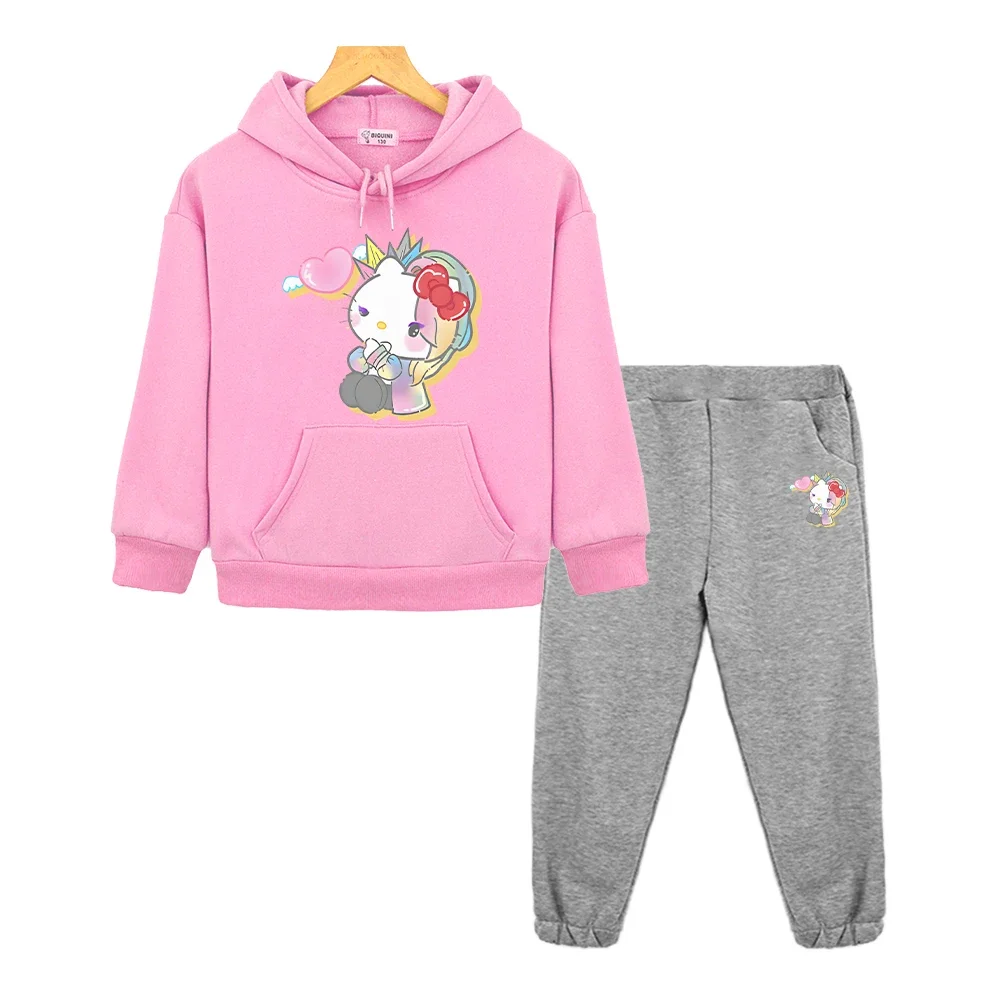 

Одежда hello kitty, толстовка с капюшоном в стиле аниме, флисовая толстовка для мальчиков и девочек, спортивные комплекты с капюшоном, куртка Sanrio, пуловер + штаны, детская бутиковая одежда
