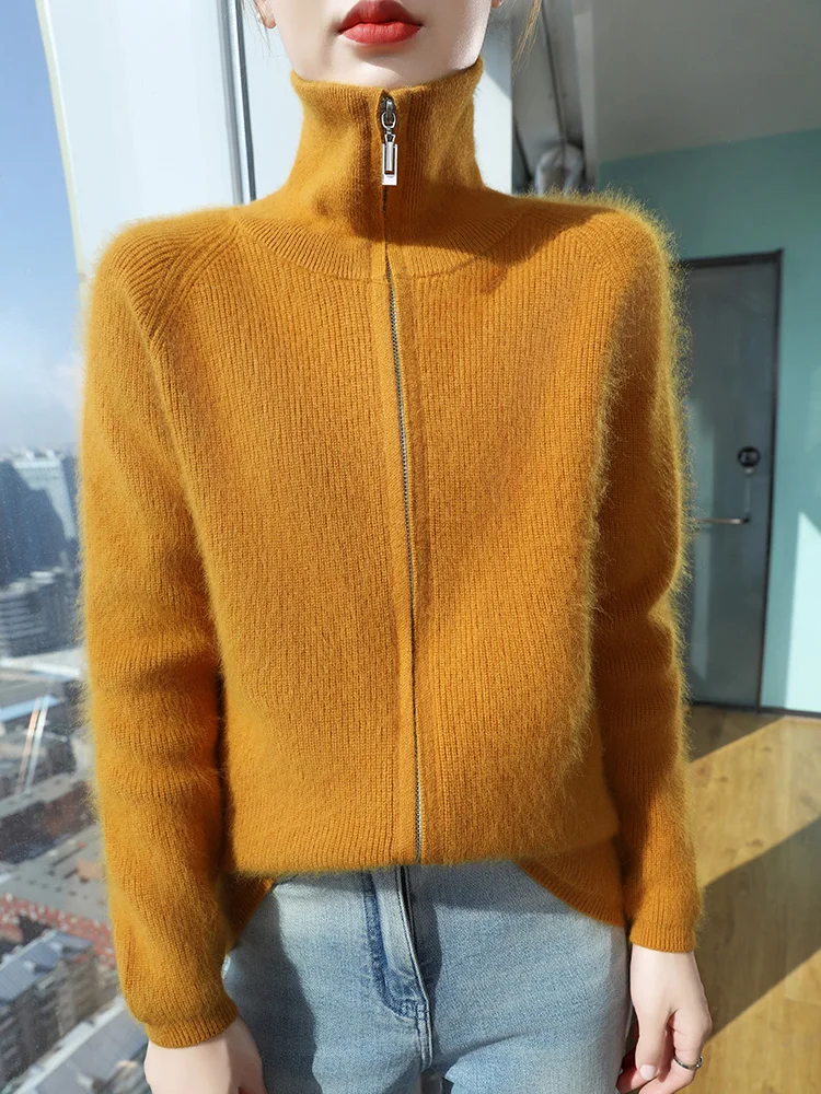

100% Mink Wool Women's Zipper Cardigan High Collar Gentle Warmth Autumn Winter Casual Fashion Knitted Long Wool Sweater