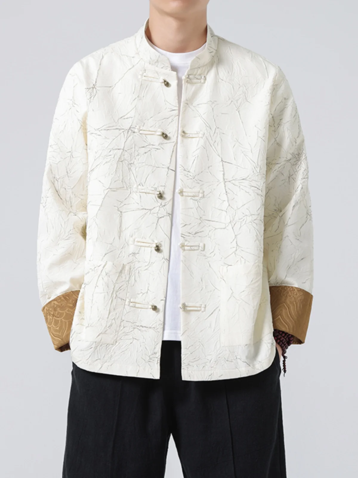 

New Chinese Sle Men's Long Sve Jaet Embroidered Spring Autumn Loose Size Large Buttoned Coat Casual Plant Floral Pattern