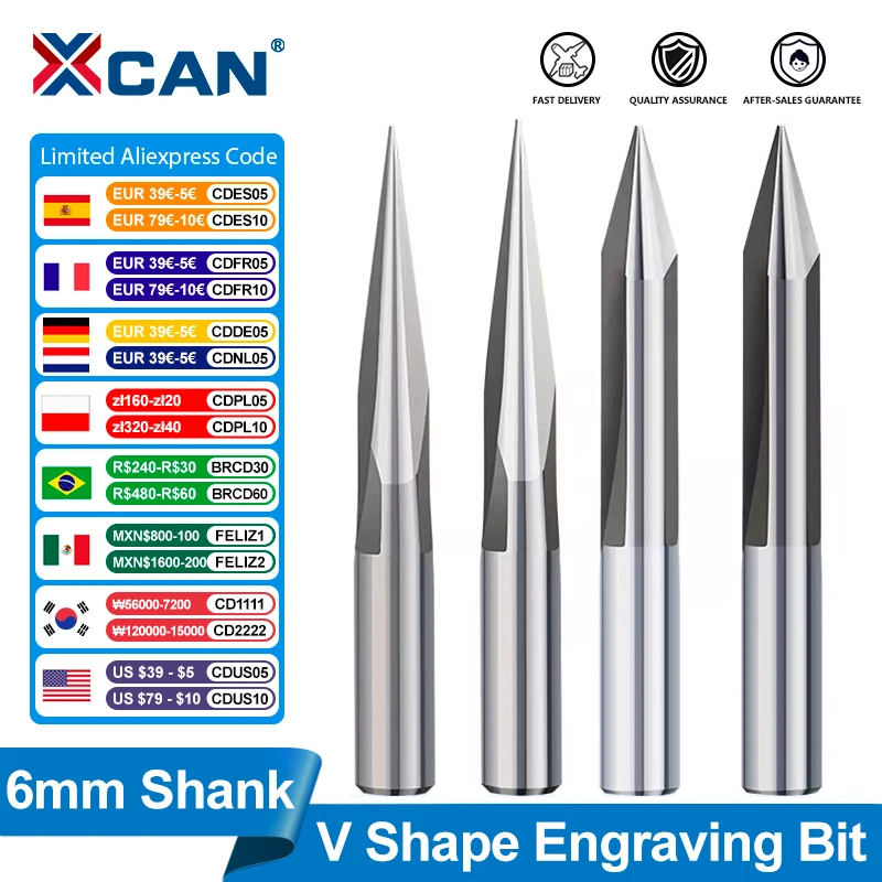 Xcan-cnc Carving Bit para Gravura em Madeira v Shape End Mill Router Bit Flauta Fresa 15 20 25 30 Graus mm Shank