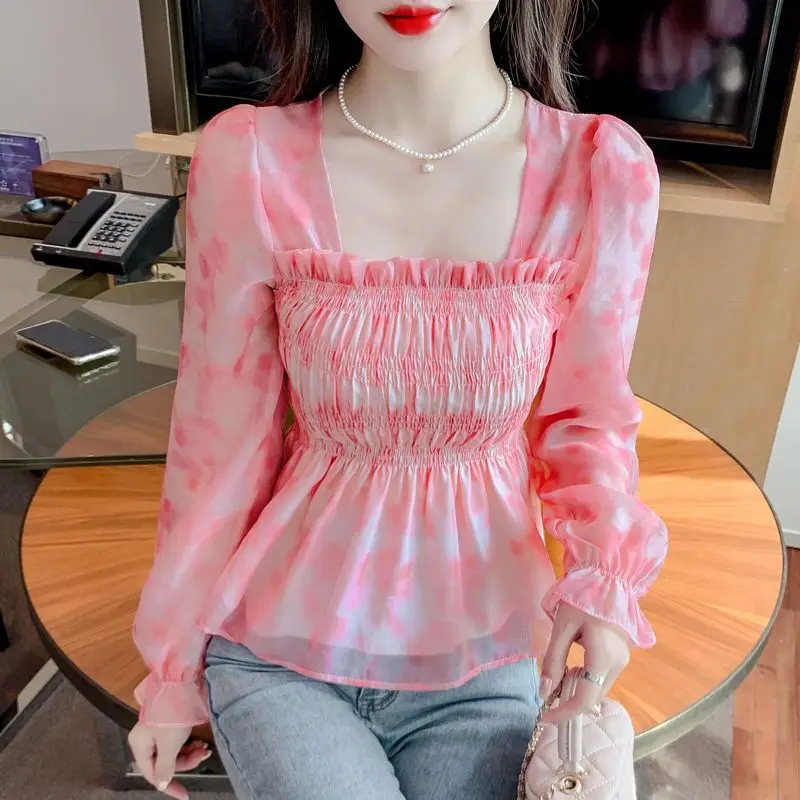 

Square Neck Chiffon Tops Women's Long Sleeve Floral Print Chic & Sweet Cinched Waist Puff Sleeves Open Back Blouse
