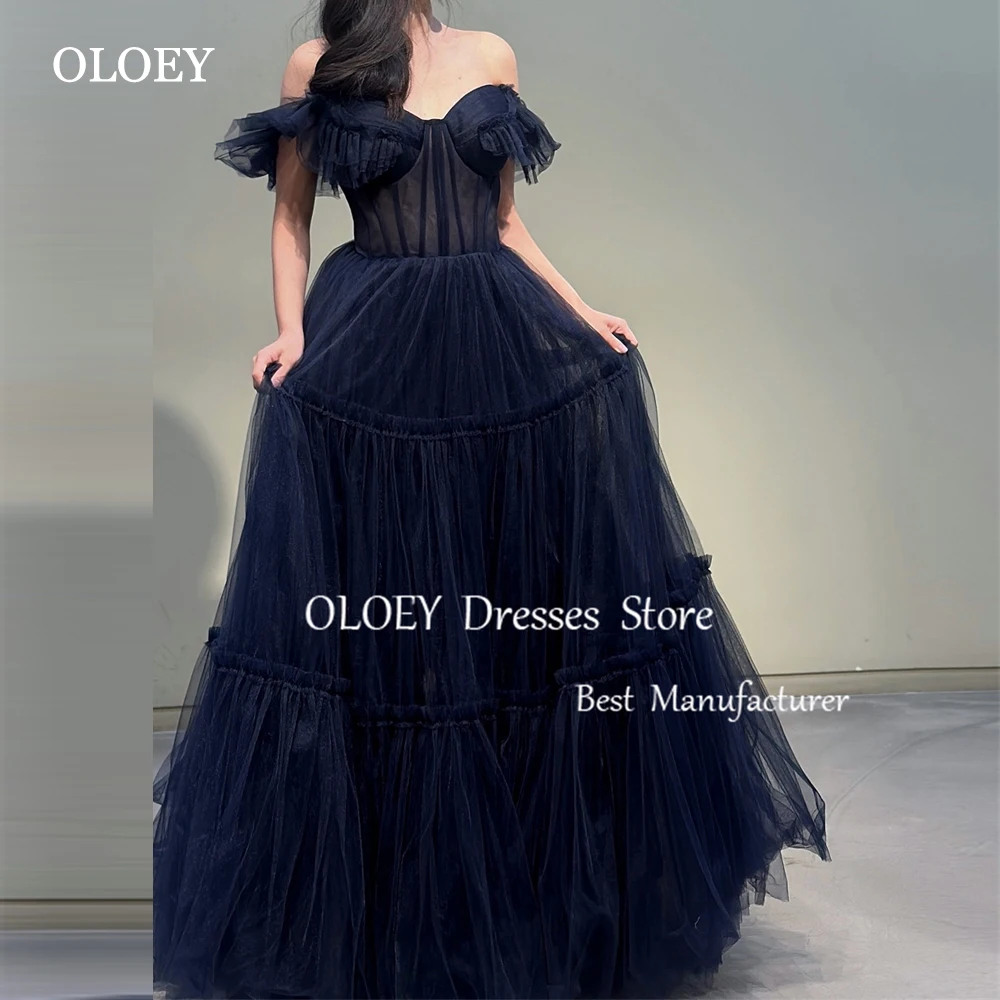 

OLOEY Navy Blue Sweetheart Off Shoulder Korea Prom Dresses Photo Shoot Ruffles Soft Tulle Wedding Party Gowns Corset Customized