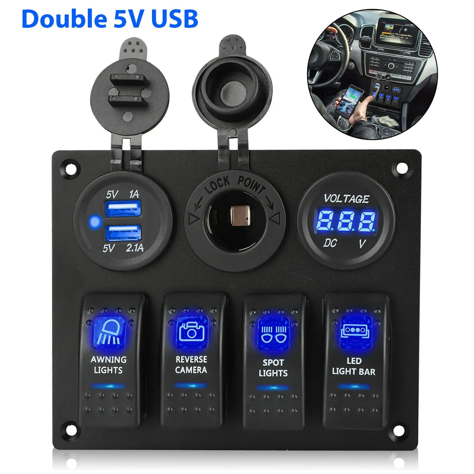 

AEE5-12-24V 4 Gang Toggle Blue LED Rocker Switch Panel Circuit Breaker Waterproof For Car Marine Boat