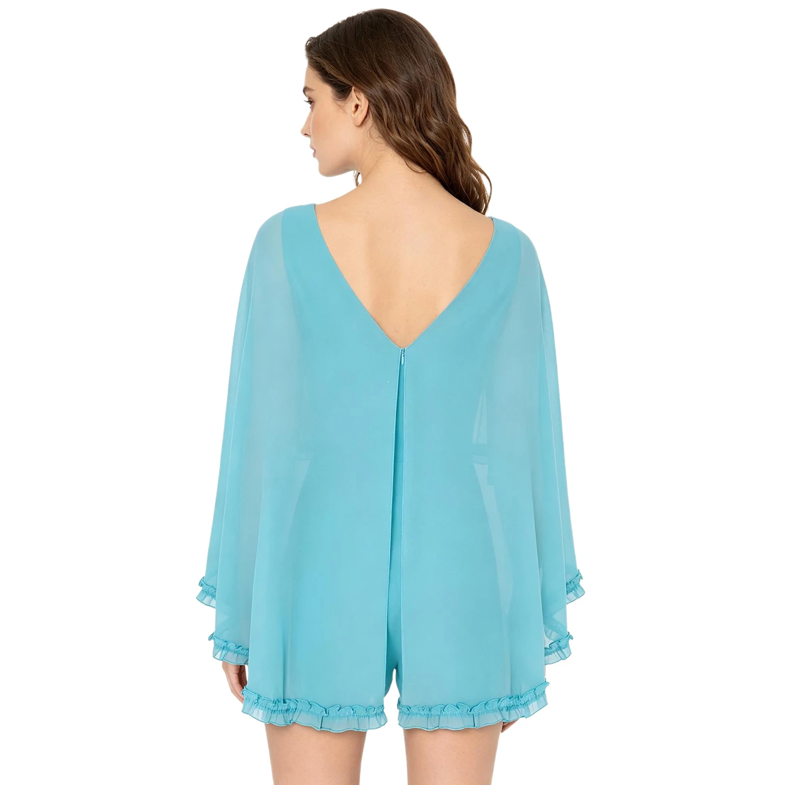 Women Elegant Cape Layer Rompers V-back Ruffled High Waist Short Bottoms Chiffon Jumpsuit for Festive Birthday Party Costumes