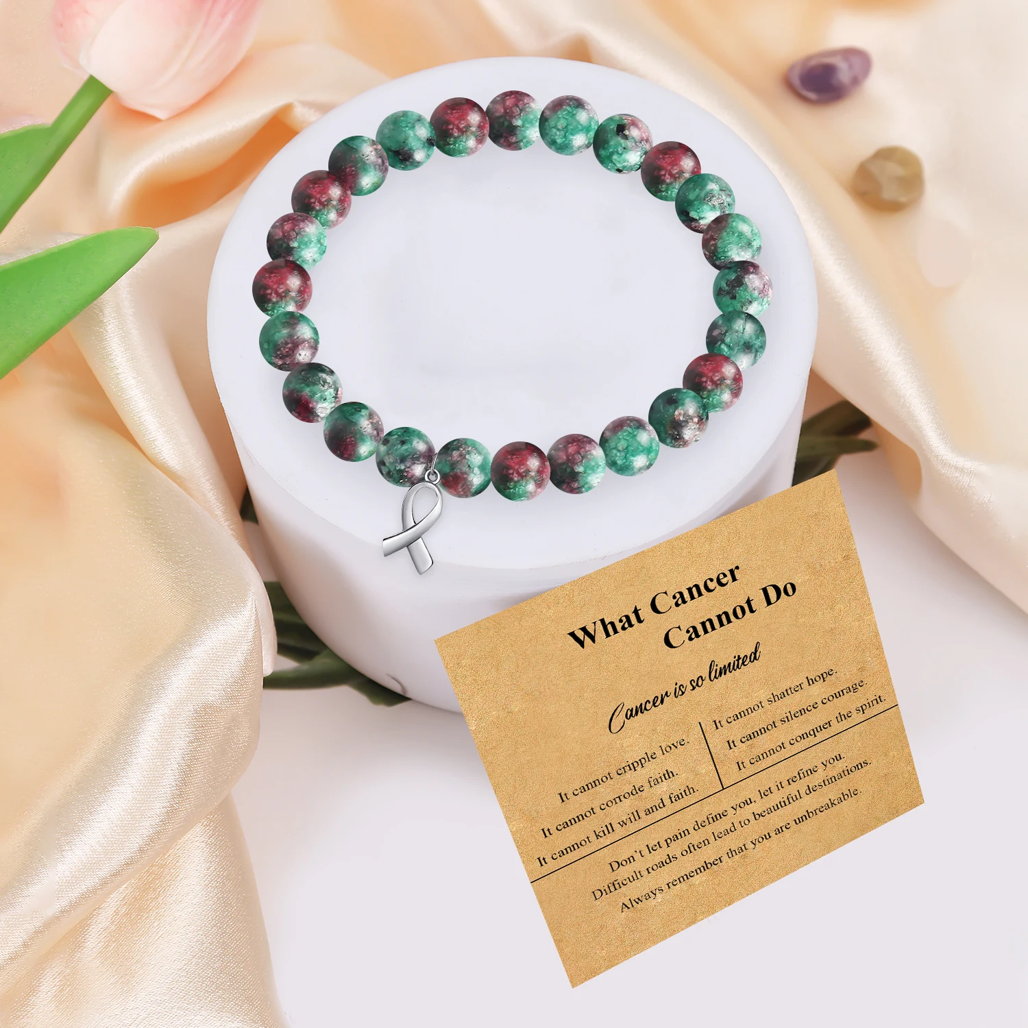 1PC Inspirational Ribbon Bracelet&Blessing Card Cancer Survivor Gift for Woman,Strength&Hope Gift for Best Friend