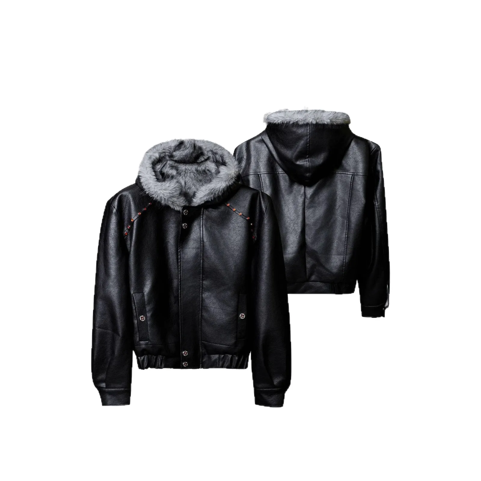 Winter New Fashion Men Black Solid Color Simple Basic Casual Loose Fit Hooded Faux Leather Jackets Male Coats American Clothes