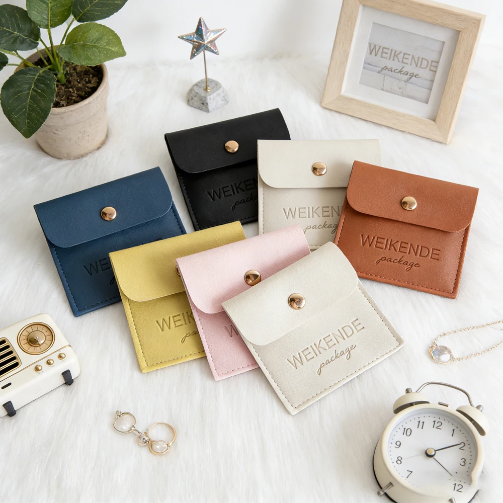 

100Pcs/Lot Necklace Earrings Bags Custom Logo Leather PU Jewelry Bag 5x5cm 8x8cm Beads Rings Packaging Organizer Pouch With Snap