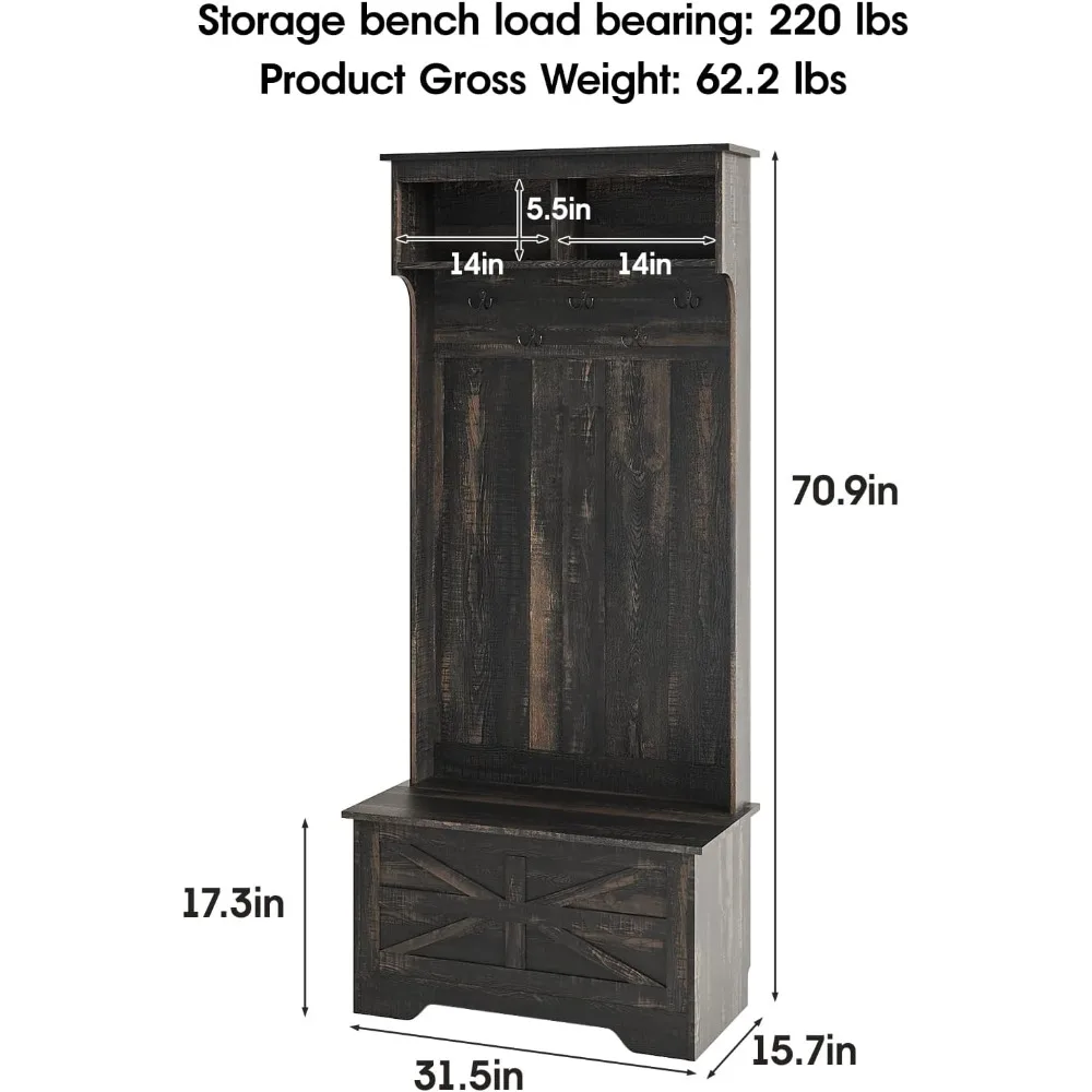 Storage Bench, 4-in-1 Coat Rack with Flip-top Door Storage Cabinet, Mudroom Organizer Seating, 6 Hooks, Smal