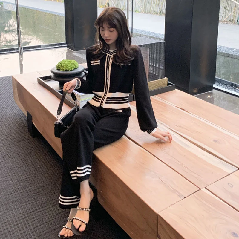 Elegant Knitted Suit Women Two Piece Set 2022 Spring Korean Sweater Cardigan And Fashion Wide Leg Pant Suit Chic Ladies Outfits