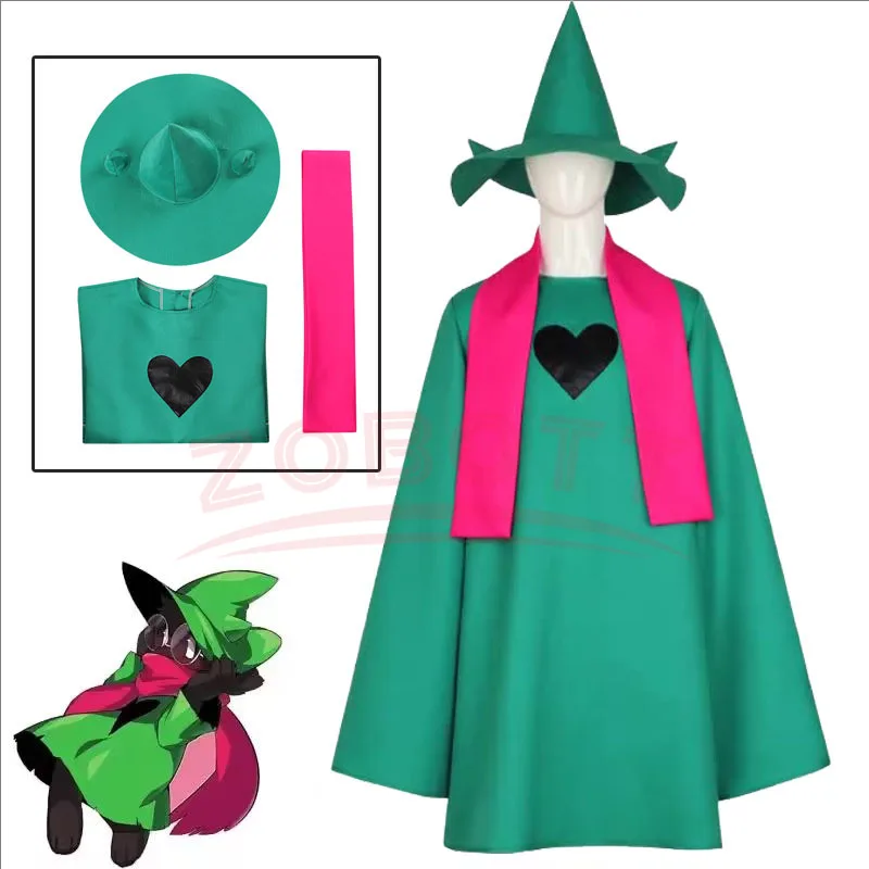 Deltarune Ralsei Cosplay Kostüm Kostüm Ralsei Cosplay Grüner Umhang mit Hut Schal Outfit Halloween Karneval Party Anzug