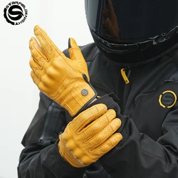 Star Field Knight ของแท้หนังแพะ Retro ถุงมือรถจักรยานยนต์ Full Finger Knuckle Protection Racing ขี่เกียร์รถจักรยานยนต์