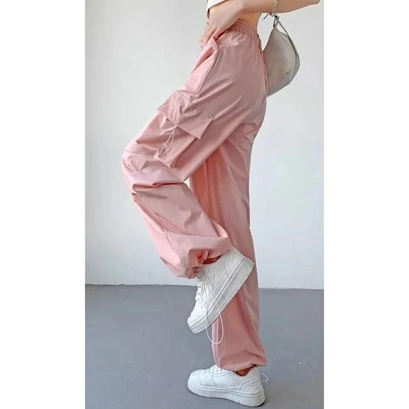 Pink Cargo Pants Women Quick-Drying Drawstring High-Waisted Big Pockets Streetwear Harajuku Y2K Trousers Solid Wide-Legged Pants