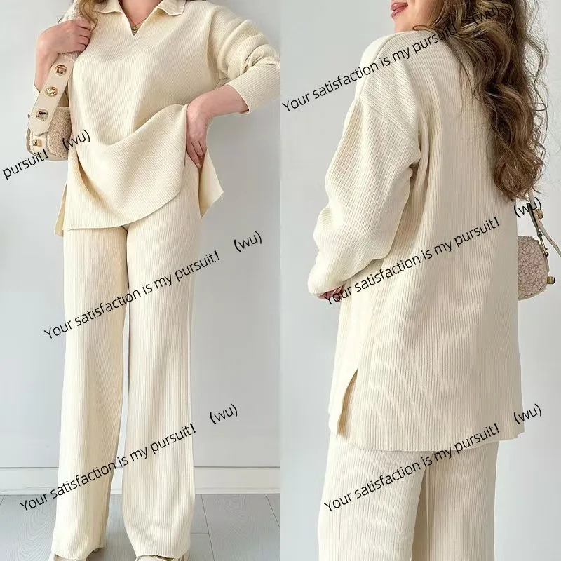 

Осенне-зимний новый европейский и американский модный однотонный вязаный свитер со свободным подолом, комплект из двух предметов для женщин