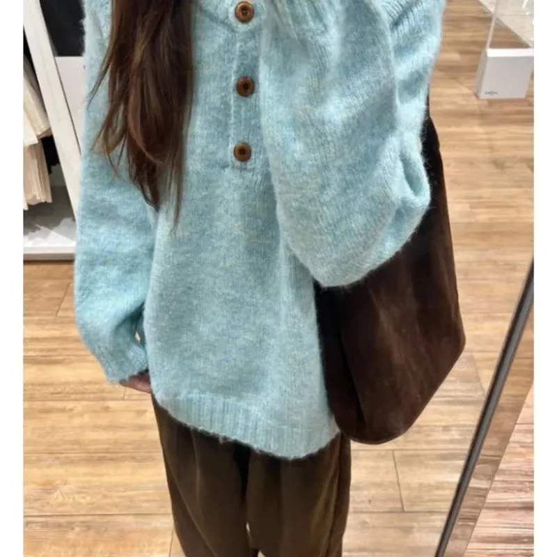 

Blue Pullover Soft Waxy Sweater for Women 2025 New Autumn and Winter Thickened Warm Loose Knitted Top