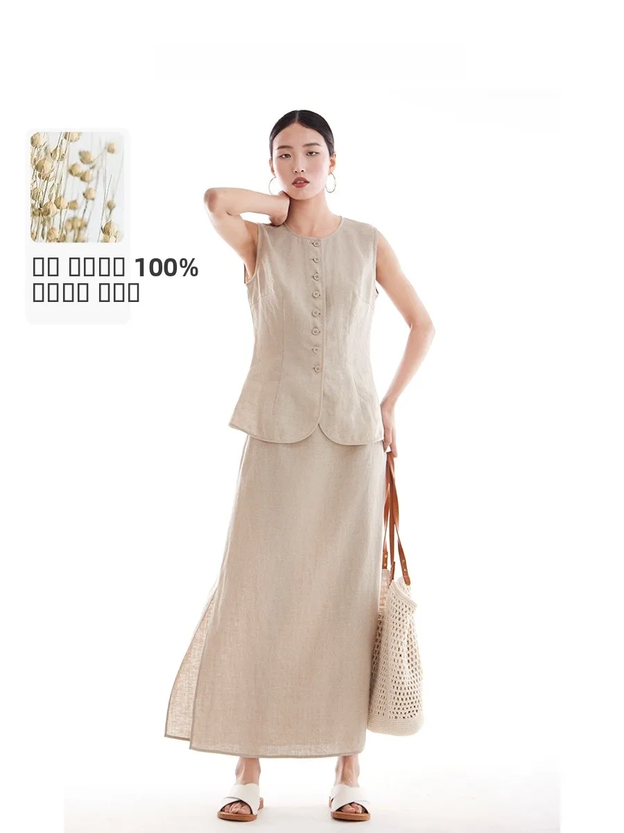 

Casual Linen Split Skirt Simple Free Leisure Vintage High-End New Women's New Faion Commute Sle Ci Walk op A-Line...