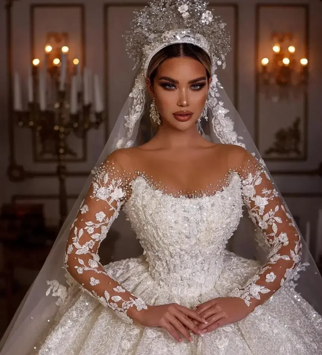 

Long Sleeves Sequins Beads Sheer Neck Appliques Glitter Tulle Bride Gowns 2025 Luxury Wedding Dresses Customized