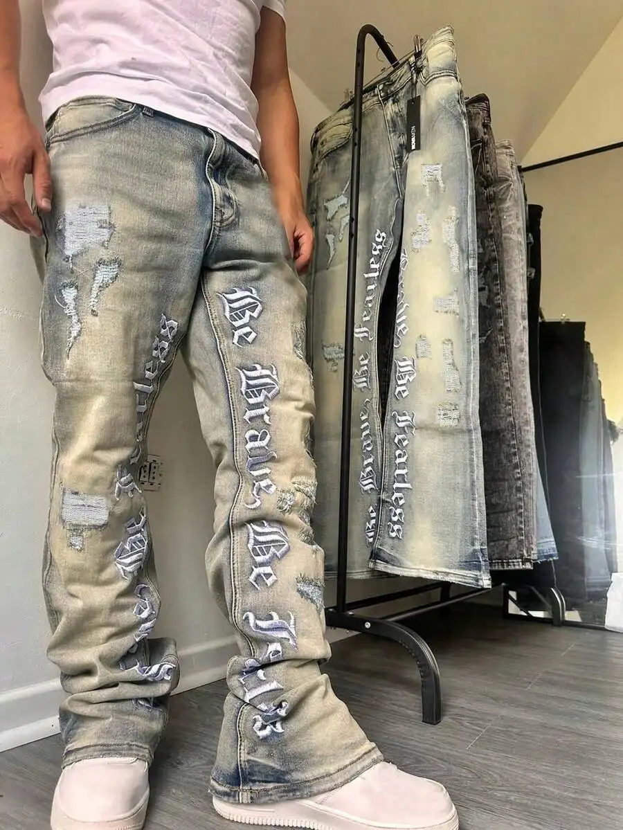

Embroidered Flared Jeans Men Distressed Denim With Letter Print Slim Fit Wide Leg