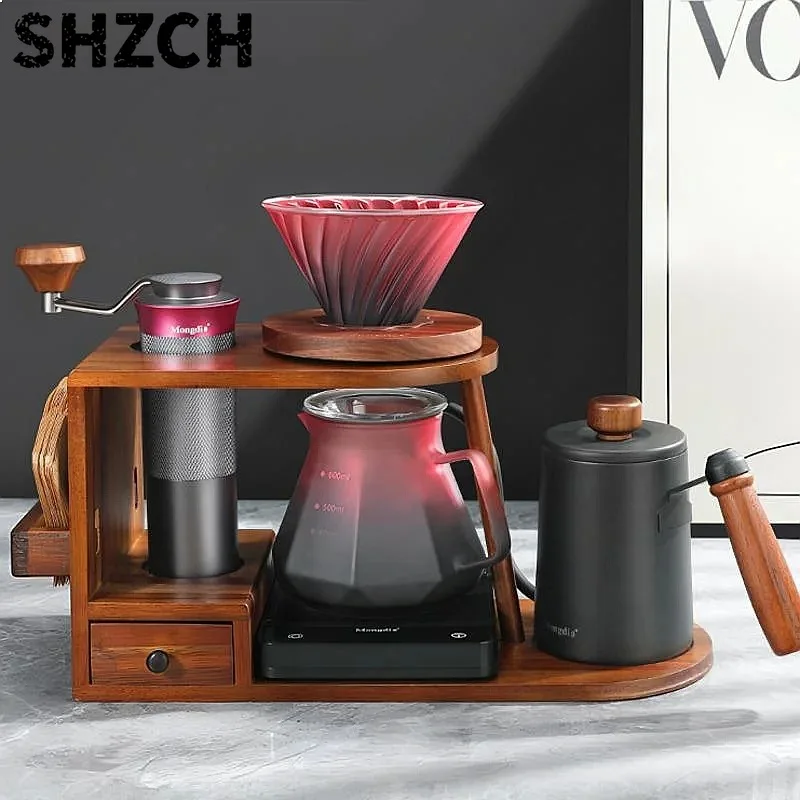 Hand-brewed Coffee Pot Set Commercial Hand-shaken Coffee Maker with Storage Shelf Kitchen Gift