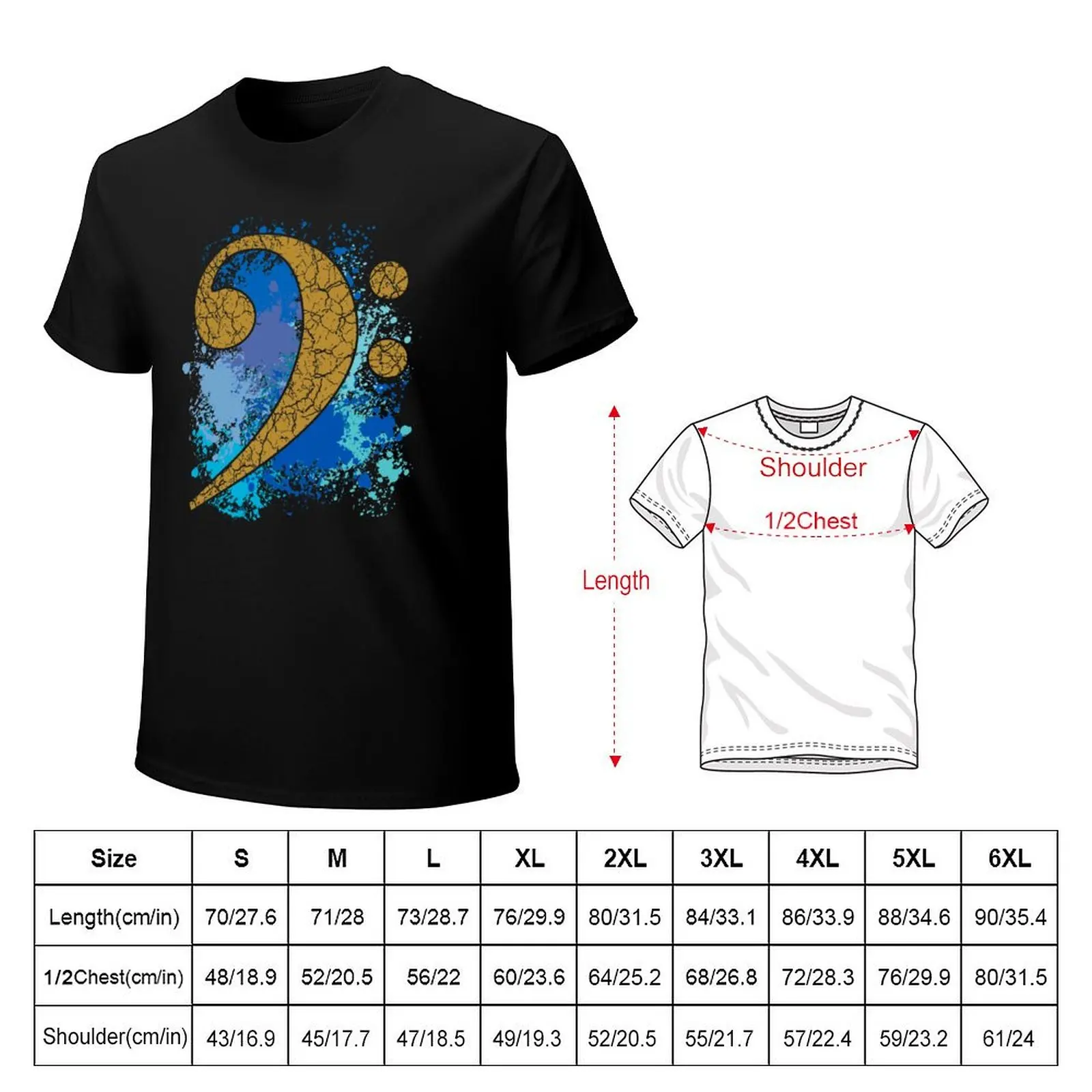 Distressed bass clef on paint splotches T-Shirt t shirt man casual T-Shirt