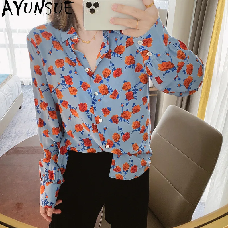 

AYUNSUE 100% Mulberry Silk Women's Blouses and Shirts Long Sleeve Tops for Woman Rose Printed Shirt Woman Clothes Женская Одежда